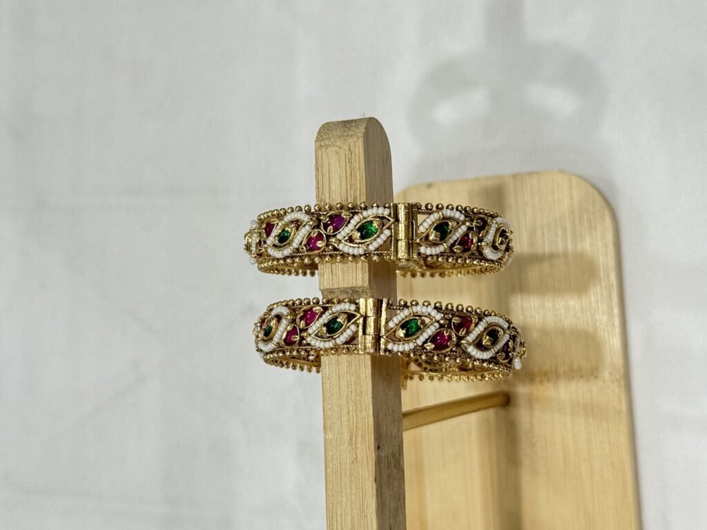 Traditional Gold-Plated Kundan Bangles with Multicolor Gemstones - Set of 2