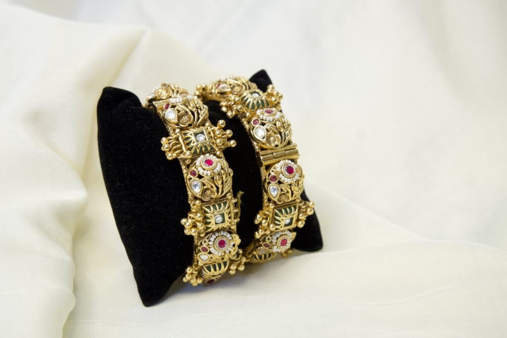Traditional Gold-Toned Bangles with Multicolor Stone Embellishments (Set of 2)