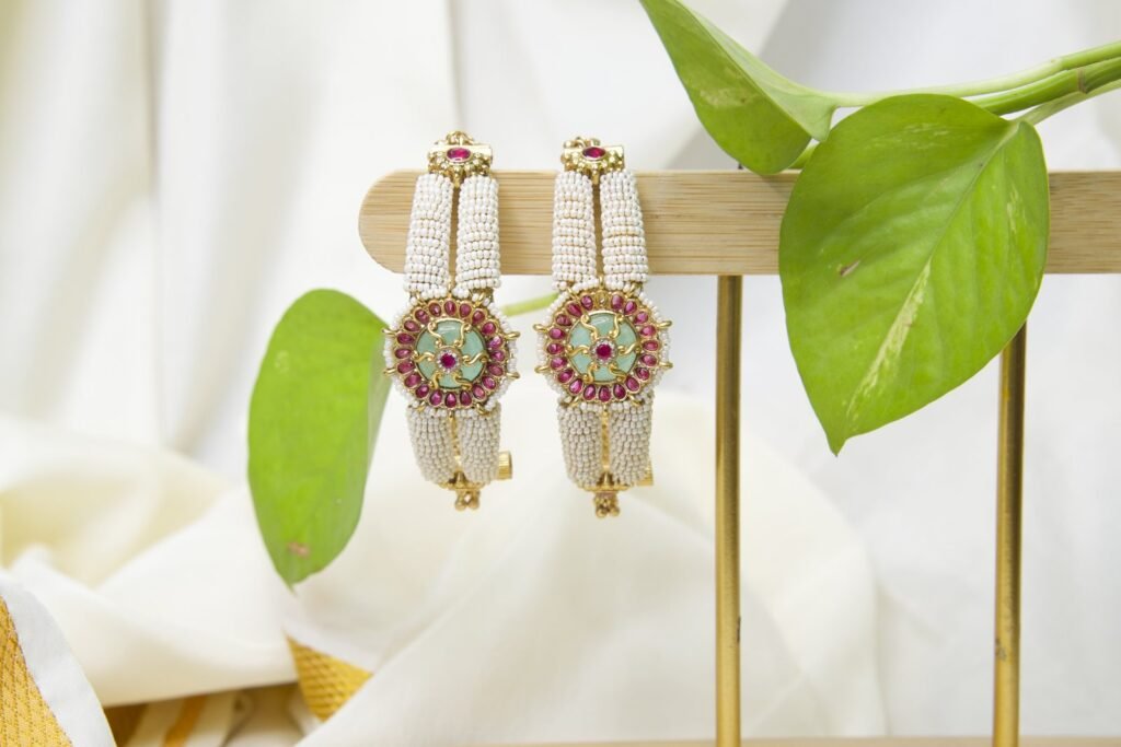 Kundan Pearl Beaded Bracelet Set with Floral Meenakari Centerpiece