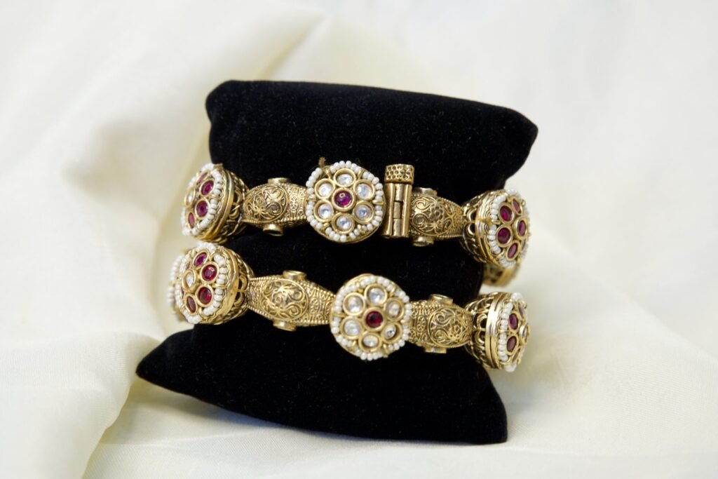 Traditional Gold-Plated Bangles with Ruby and Pearl Embellishments (Set of 2)
