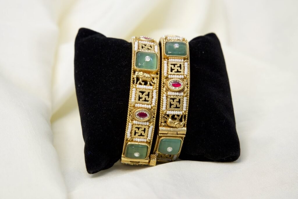 Traditional Gold-Plated Jadau Kundan Bangles with Green and Pink Stones