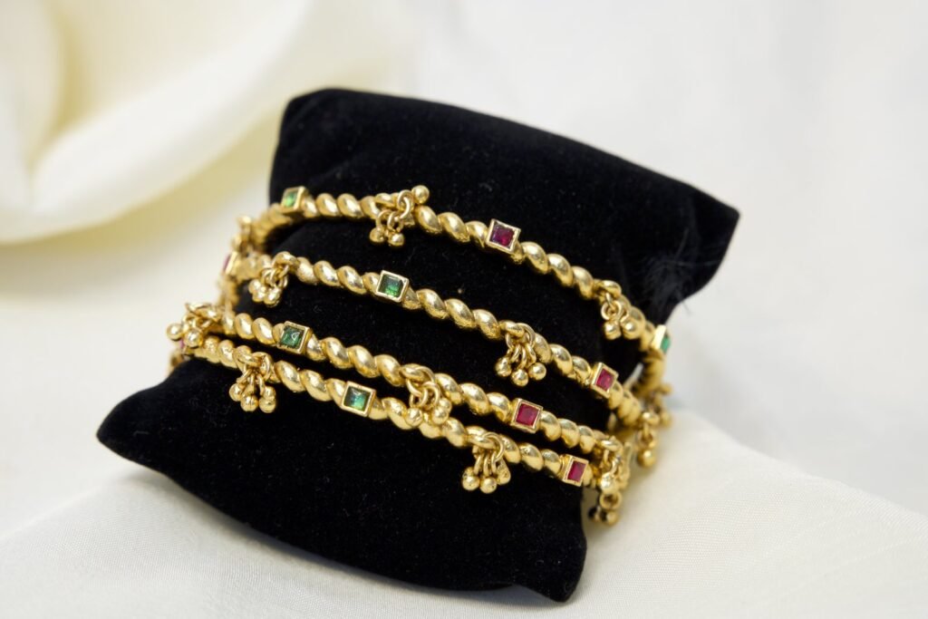 Traditional Gold-Plated Pearl Bangles with Gemstone Accents (Set of 4)