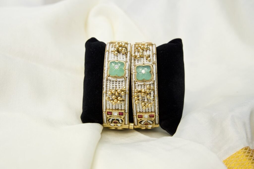 Elegant Kundan and Pearl Bangle Set with Turquoise Stones