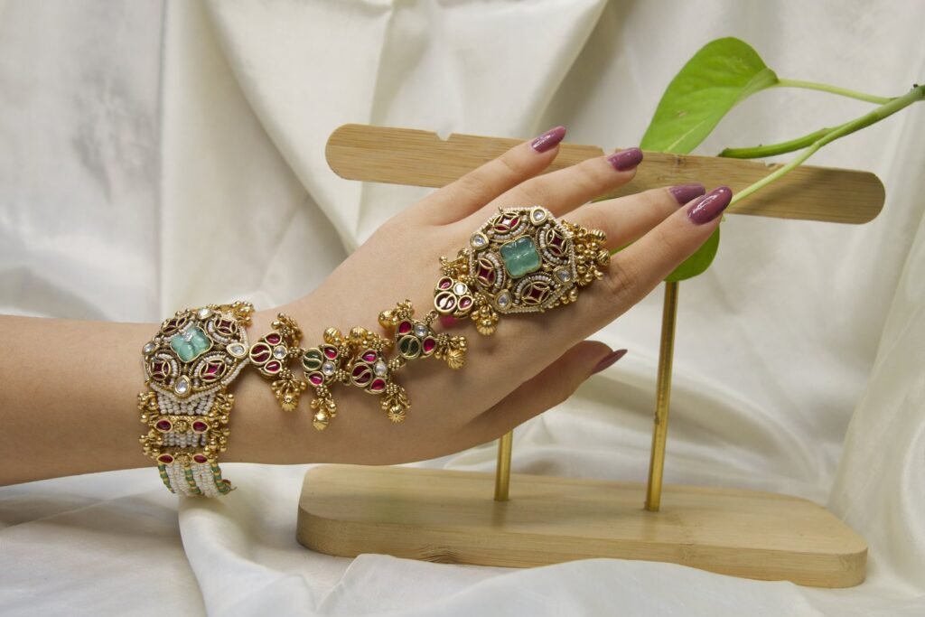 Antique Gold Plated Hand Harness with Green Stone - Traditional Bridal Hathphool Jewelry
