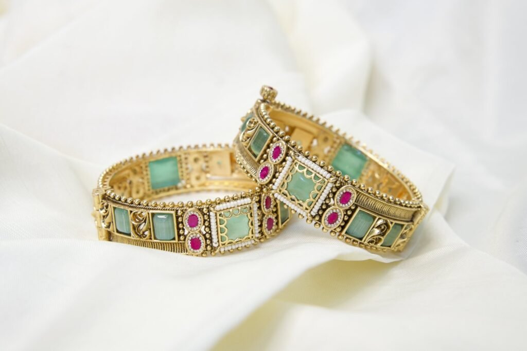 Traditional Kundan Bangles with Green and Pink Stones - Set of 2