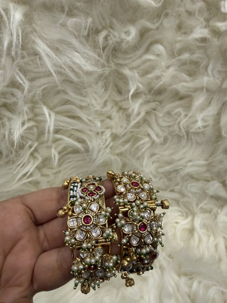 Traditional Gold-Plated Kundan Bangle Kada Set with Ruby and Green Stones