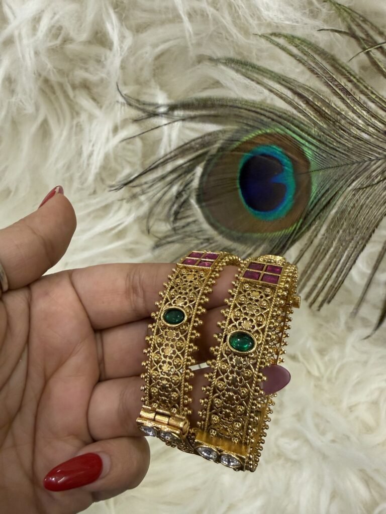 Traditional Gold-Plated Kundan Bangles with Green and Pink Stones (Set of 2)
