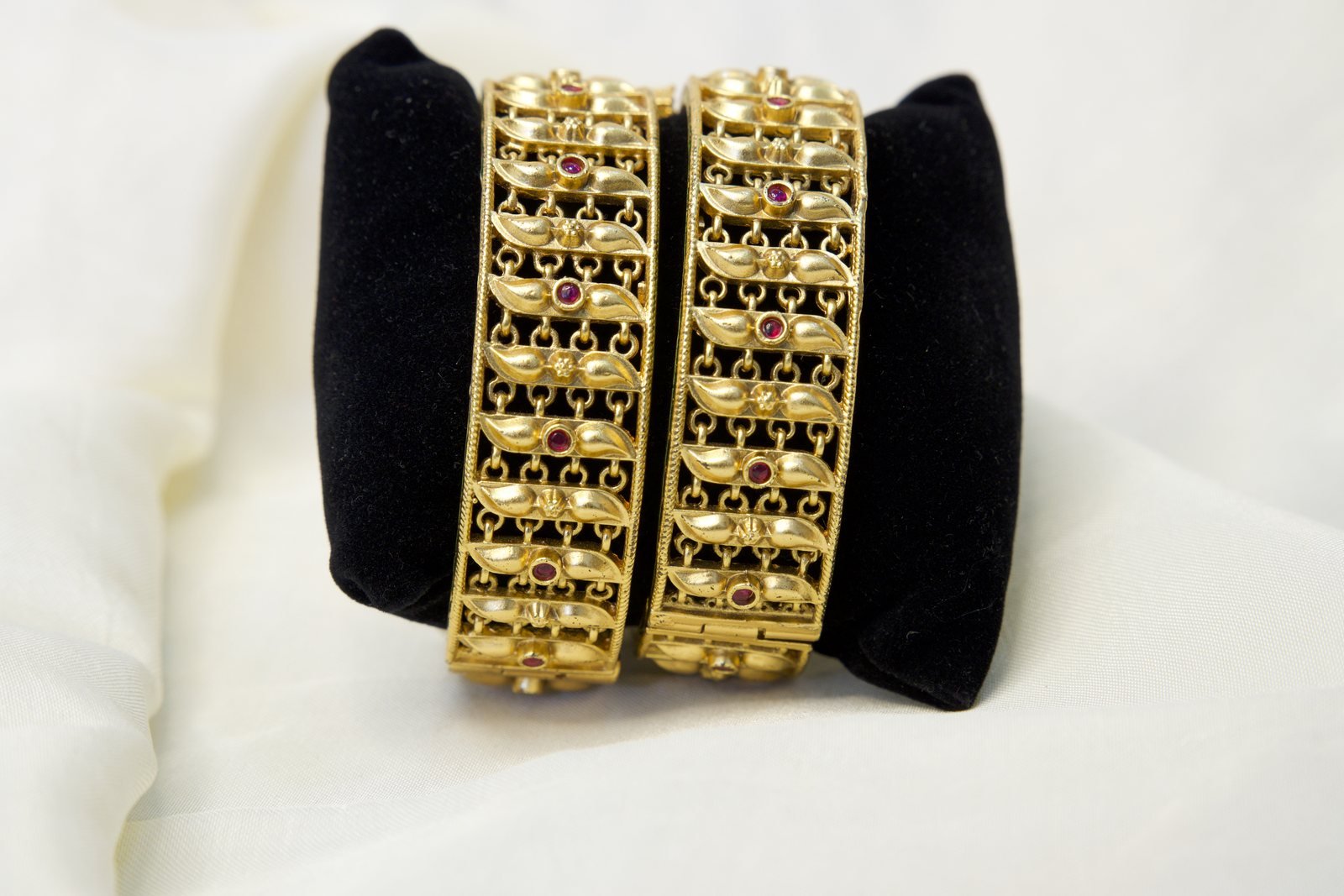 Traditional Gold-Plated Temple Kada Bangles with Red Stone Embellishments (Set of 2) - Image 2