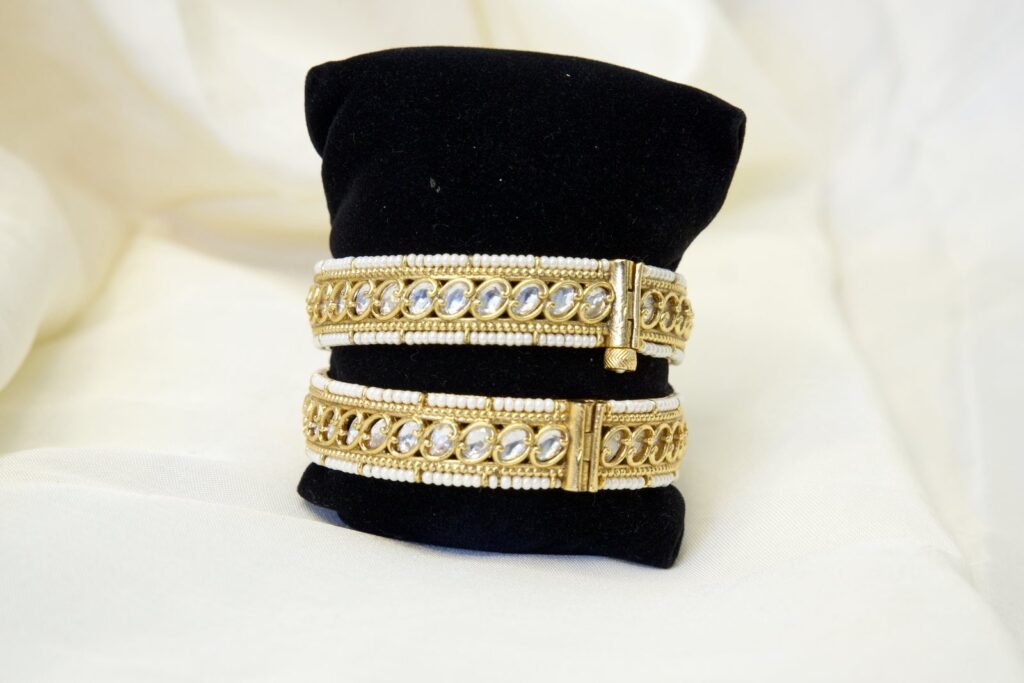 Gold-Plated Pearl and Chain Bangles Set of 2
