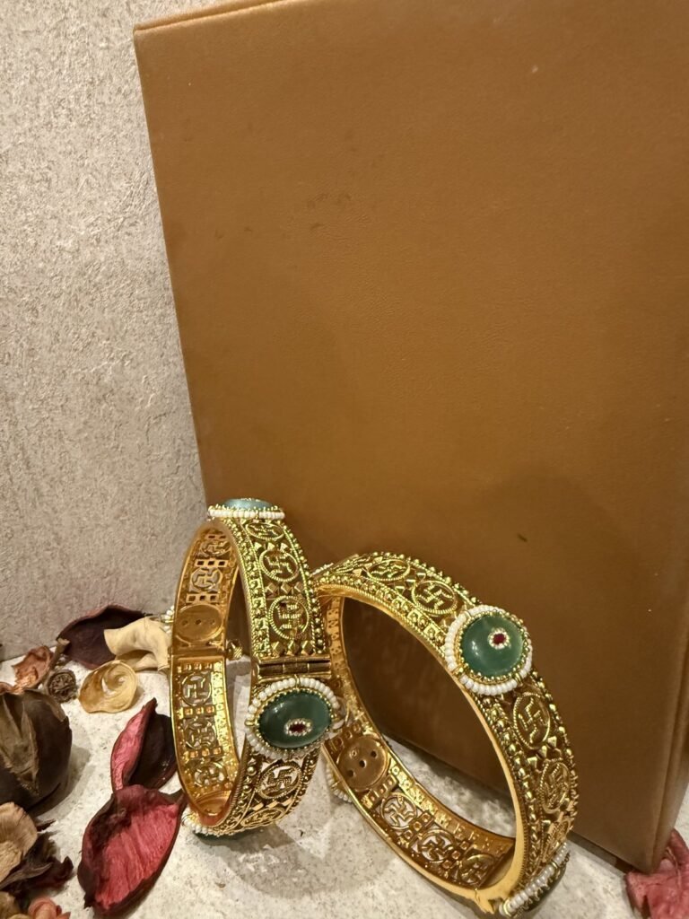 Traditional Gold-Plated Bangles with Green Stone Accents (Set of 2)