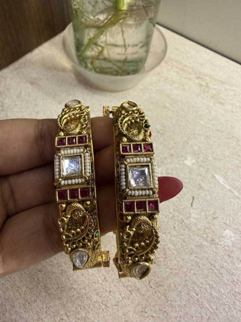 Antique Gold Kundan Bangles with Ruby and Pearl Detailing (Set of 2)