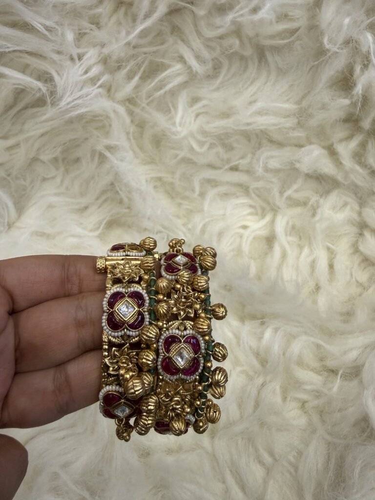 Traditional Golden Temple Bangles with Ruby and Polki Detailing - Set of 2