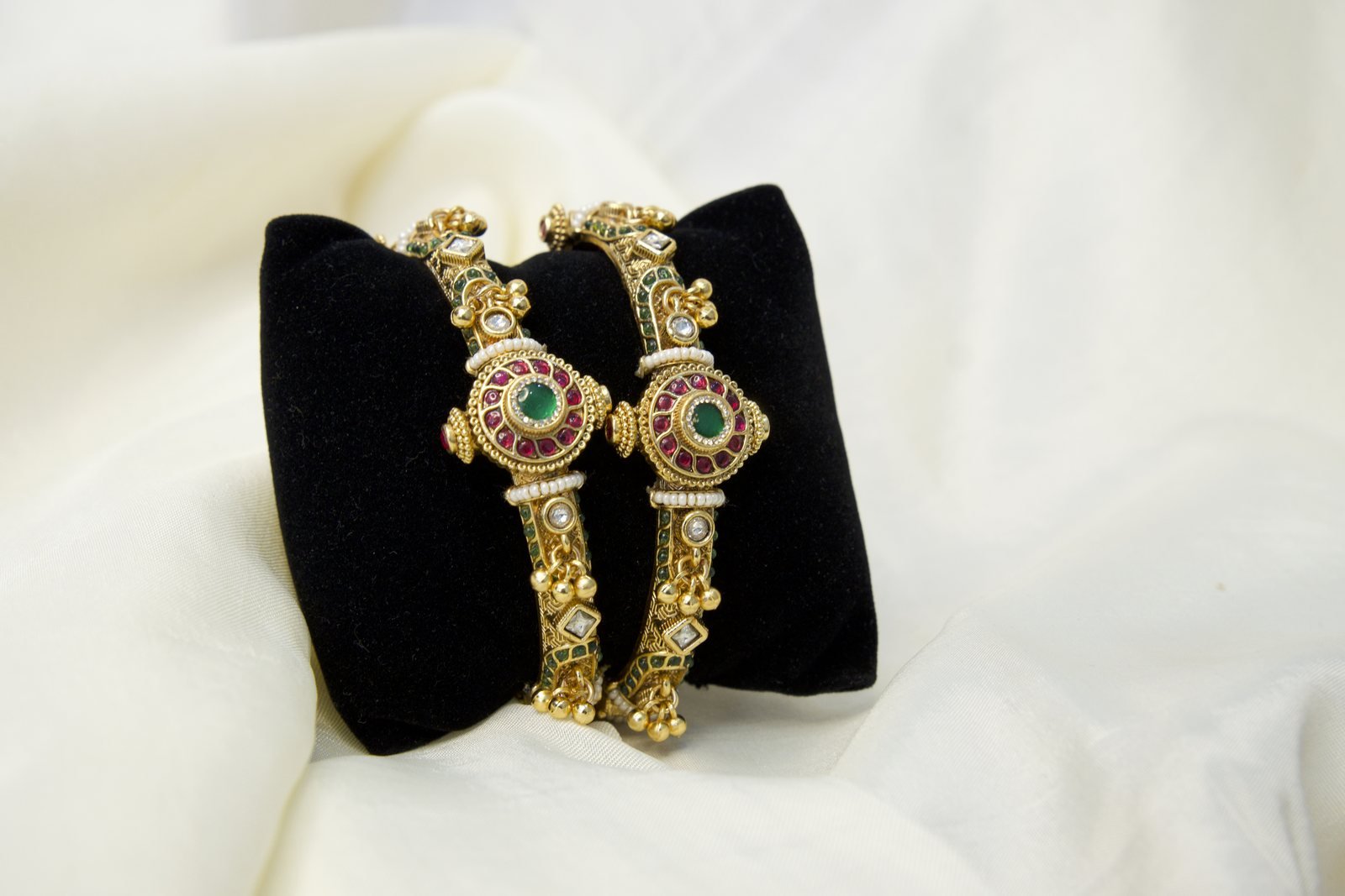 Traditional Gold-Toned Kundan Stone Bangles with Meenakari Work (Set of 2)