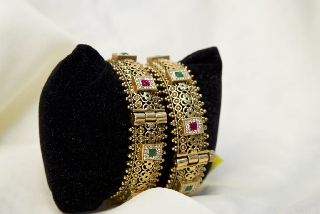 Traditional Gold-Plated Kada Bangles with Gemstone Accents (Set of 2)