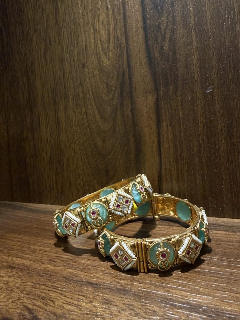 Gold-Plated Turquoise Kundan Bangles (Set of 2)