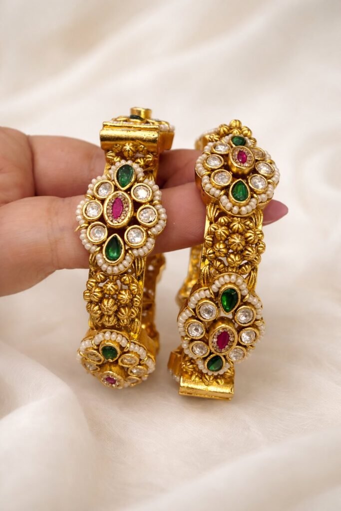 Traditional Gold-Plated Kundan Bangles with Ruby and Emerald Stones