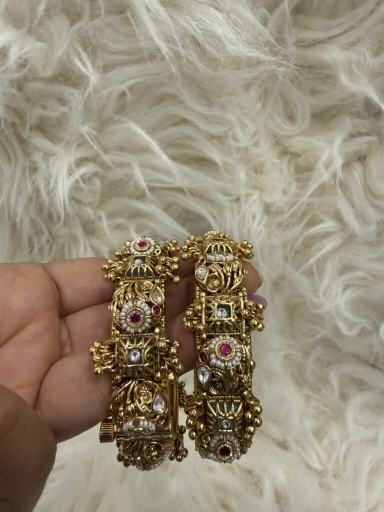 Antique Gold-Plated Traditional Bangles with Colorful Stone Accents (Set of 2)