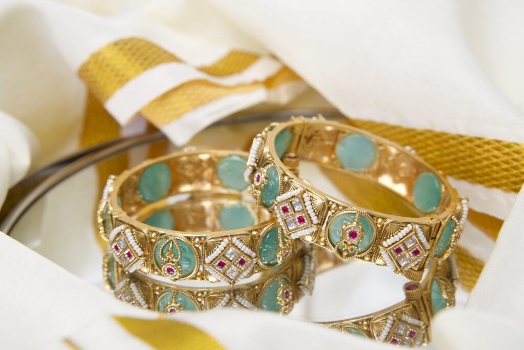 Antique Gold Plated Turquoise Stone Bangles (Set of 2)