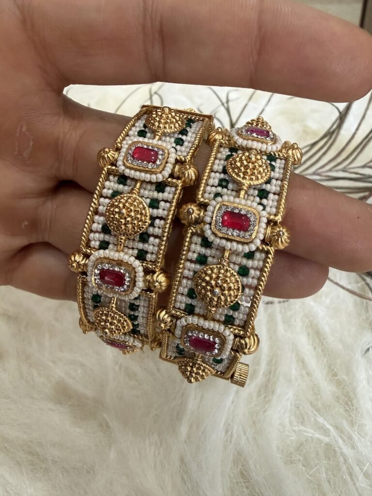 Traditional Gold-Plated Kundan and Pearl Bangles (Set of 2)