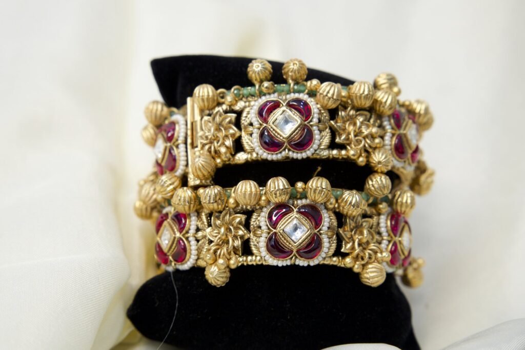 Traditional Gold-Toned Bangles with Ruby, Emerald, and Kundan Work (Set of 2)