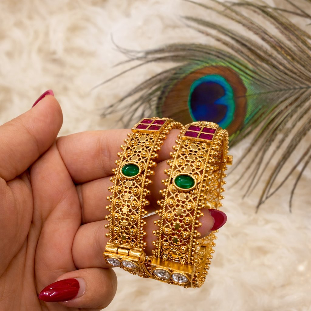 Traditional Gold-Plated Bangles with Green and Pink Stones
