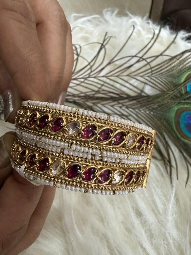 Gold-Plated Kundan Bangles with Pearl Detailing (Set of 2)