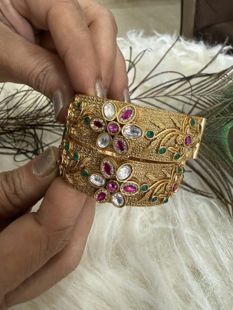 Gold-Plated Kundan Bangles with Pink and Green Stones (Set of 2)