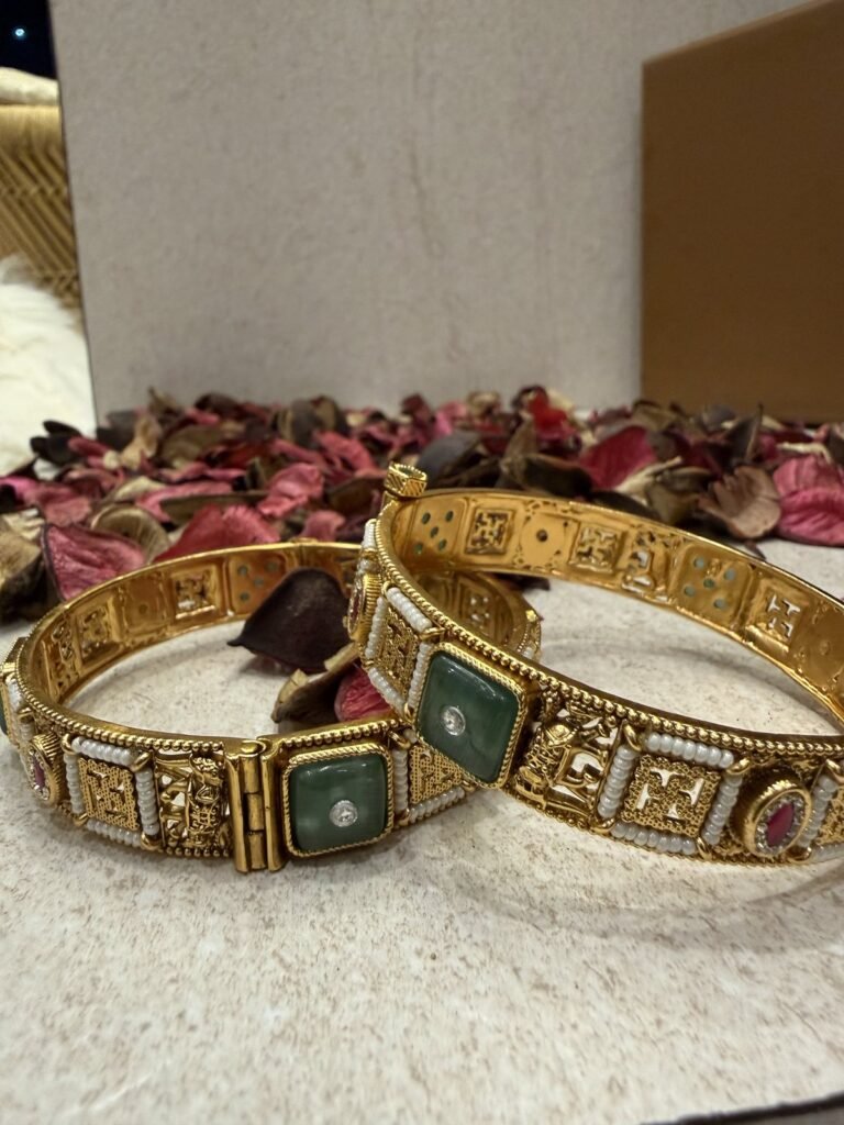 Traditional Gold-Plated Bangles with Green and Pink Gemstones