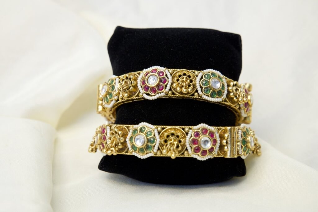 Traditional Gold-Plated Kundan Bangles with Floral Design (Set of 2)