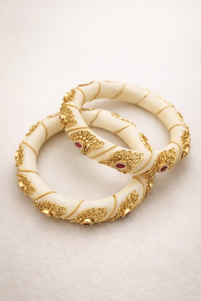 Gold-Plated Ivory Bangles with Ruby Accents and Peacock Motifs (Set of 2)