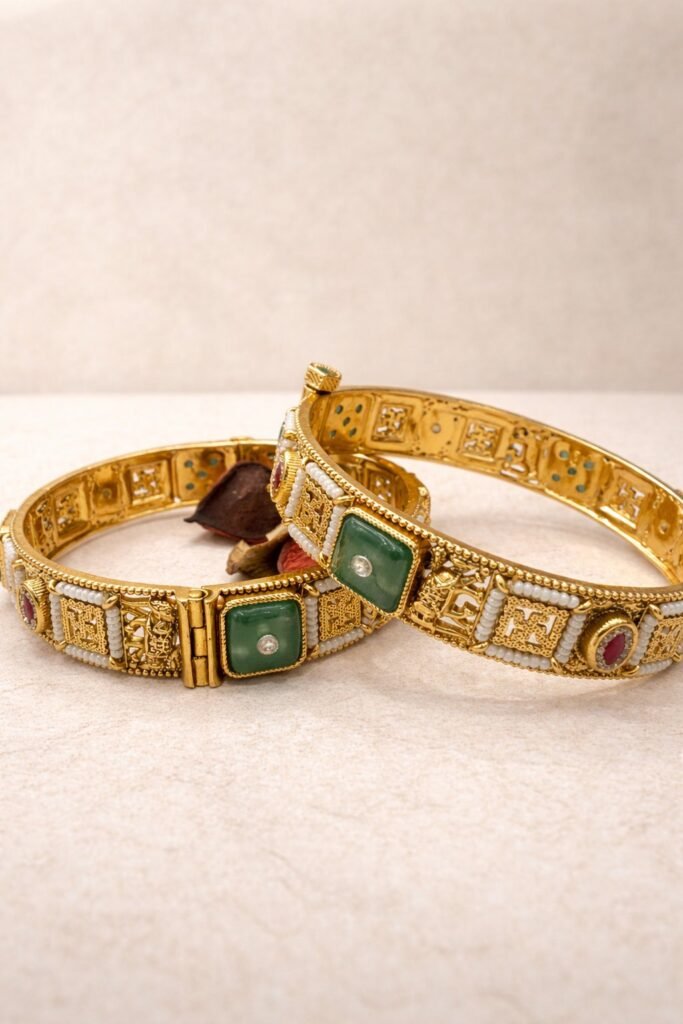 Traditional Gold Plated Kundan Bangles with Green Stones (Set of 2)