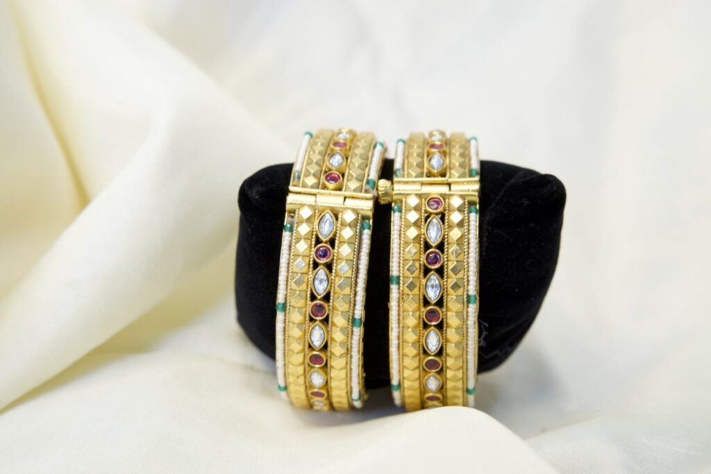 Traditional Gold-Tone Bangles with Colorful Kundan and Pearl Work (Set of 4)