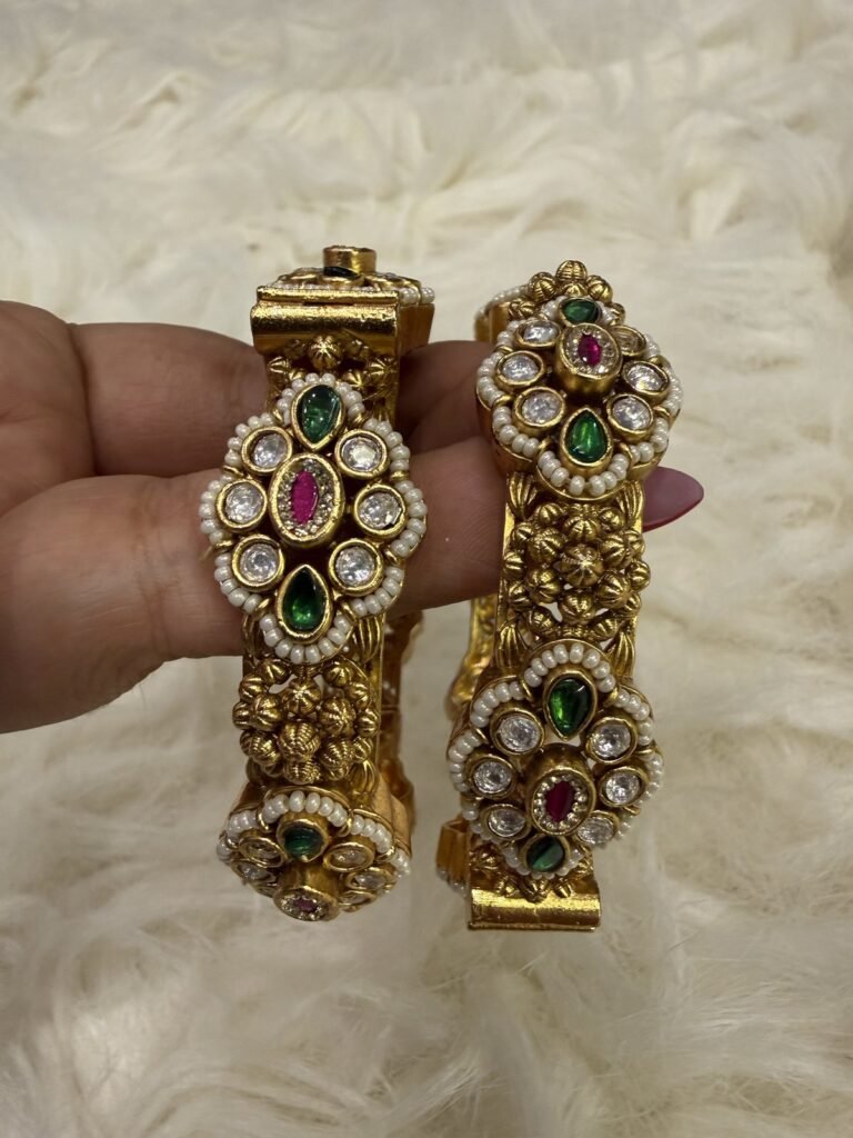 Traditional Gold-Plated Kundan Bangles with Gemstones and Pearls (Set of 2)
