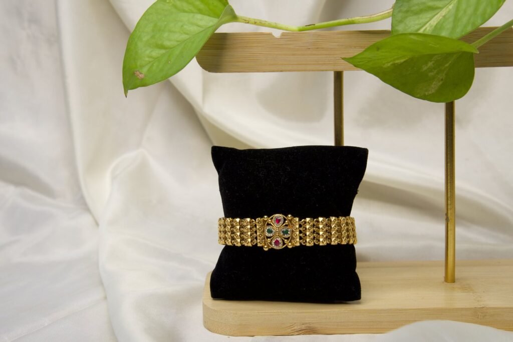 Traditional Gold-Plated Kada Bracelet with Multicolor Gemstone Detailing