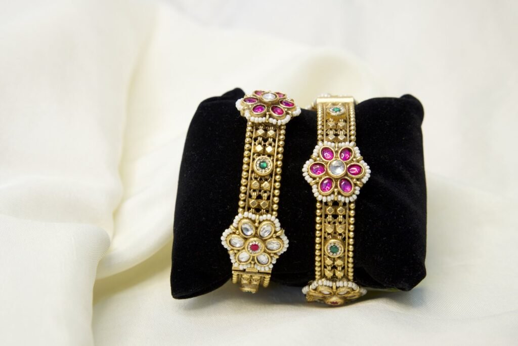 Antique Gold Floral Stone Studded Bangles Set of 2
