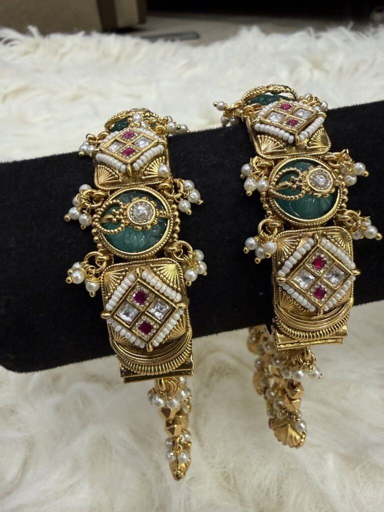Traditional Gold-Plated Kundan Bangles with Emerald Stones and Pearls (Set of 2)