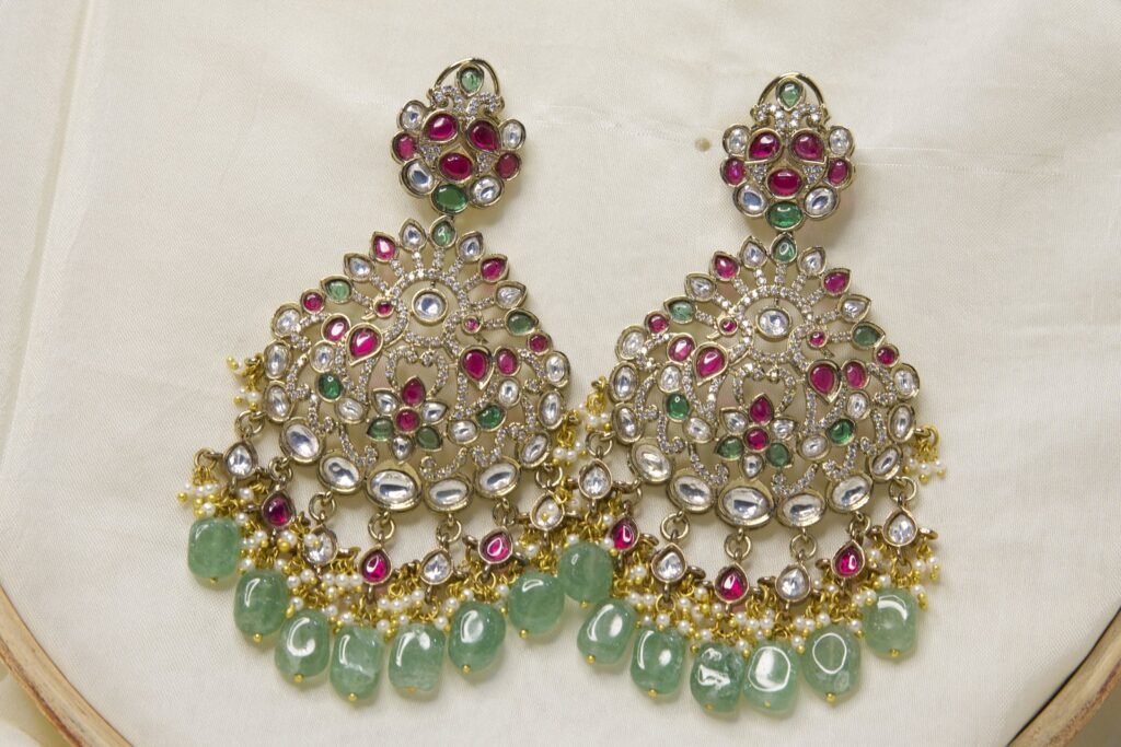 Traditional Kundan Chandbali Earrings with Green Beads
