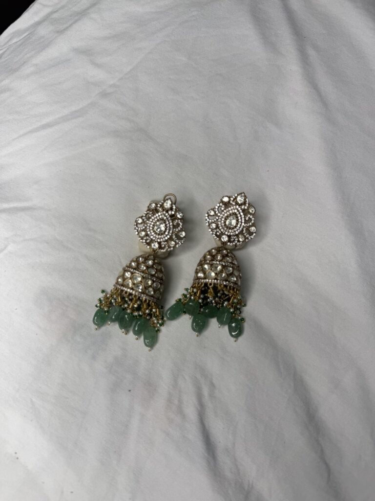 Elegant Silver-Tone Jhumka Earrings with Green Beads