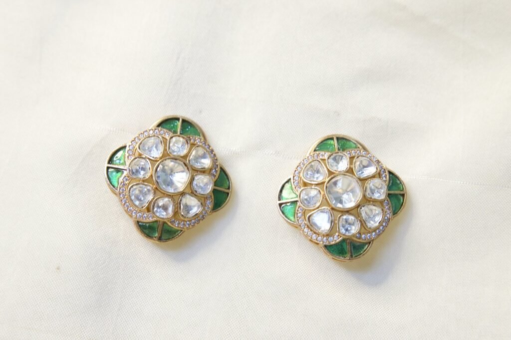 Elegant Kundan and Green Enamel Stud Earrings