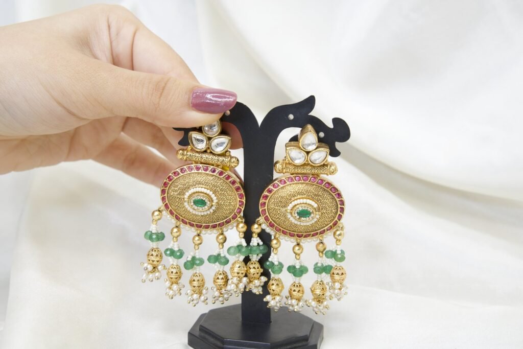 Traditional Gold-Toned Chandbali Earrings with Green and Pearl Danglers