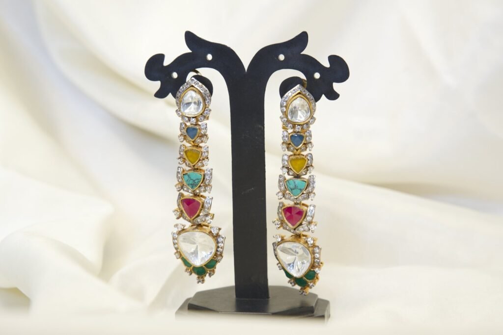Multicolor Stone Studded Long Dangling Earrings - Traditional Ethnic Design
