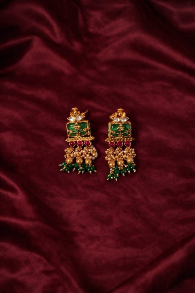 Traditional Green and Maroon Kundan Jhumka Earrings