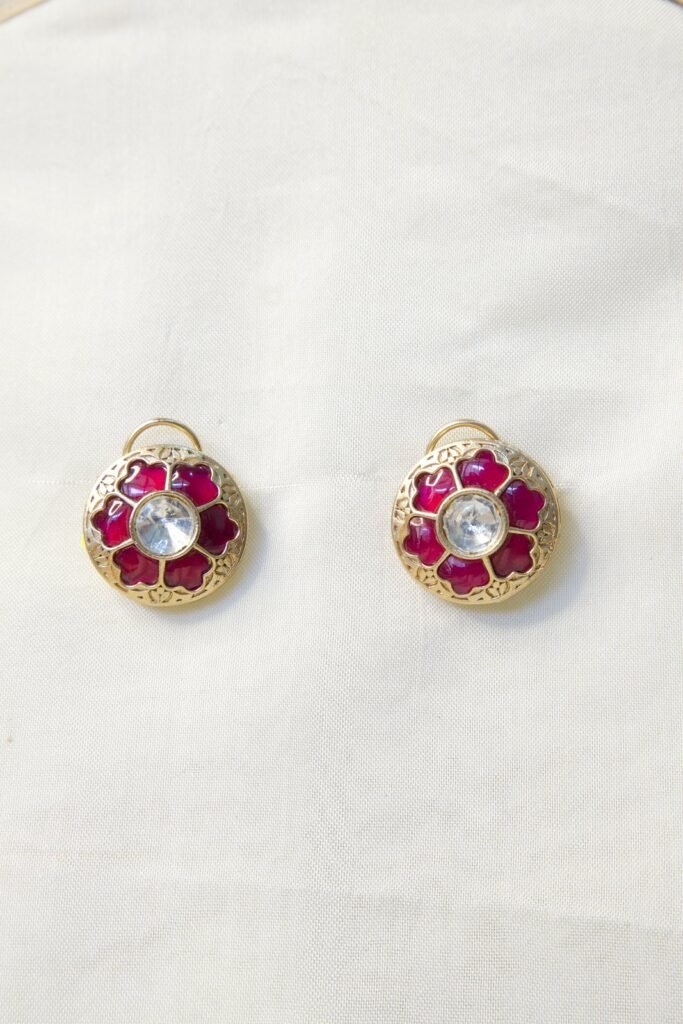 Elegant Gold-Toned Floral Stud Earrings with Pink Stones