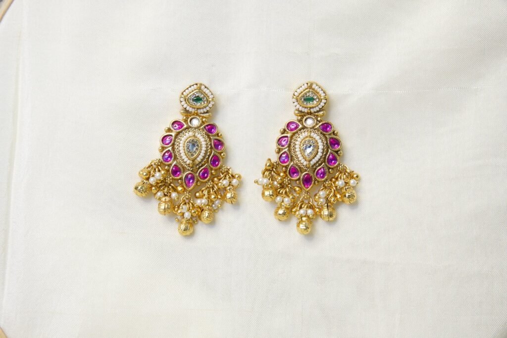 Traditional Gold-Toned Chandbali Earrings with Pink Stones and Pearl Drops