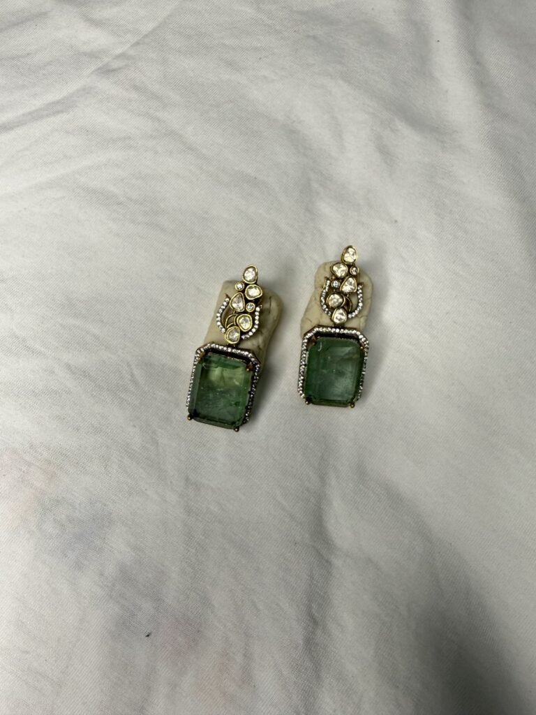 Elegant Green Stone Drop Earrings with Gold-Tone Detailing