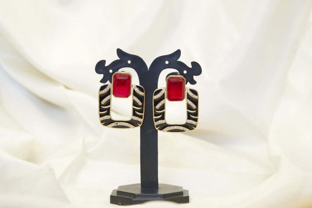 Vintage Rectangular Geometric Earrings with Red Enamel and Gold Accents