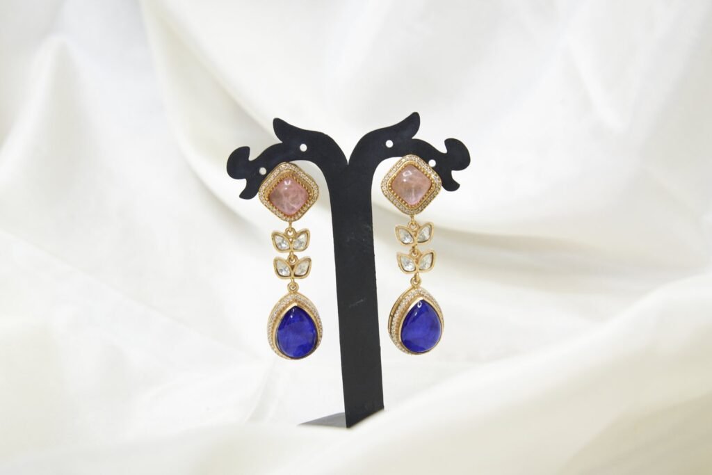 Elegant Pink and Blue Stone Drop Earrings with Gold-Tone Accents
