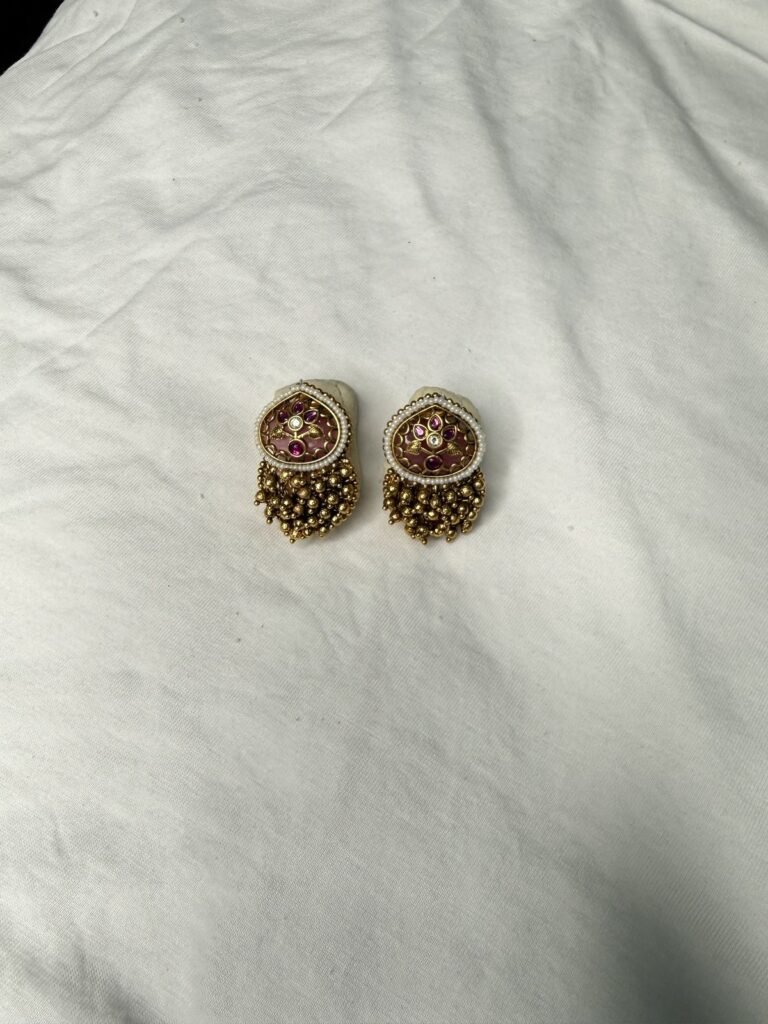 Traditional Antique Gold Plated Stud Earrings with Maroon Stone and Beaded Tassel
