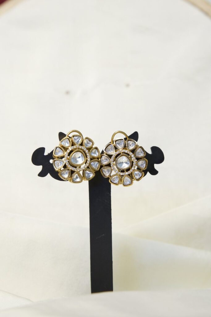 Traditional Polki Floral Stud Earrings with Gold Finish