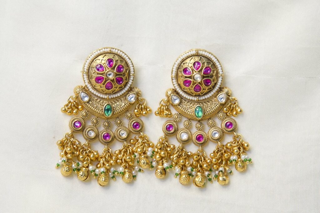 Traditional Gold-Toned Chandbali Earrings with Pink and Green Stones